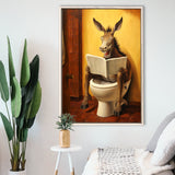 Donkey Smiling And Reading Newpaper In Toilet Funny Animal Art,Framed Canvas Prints,Floating Frame, Wall Art Home Decor