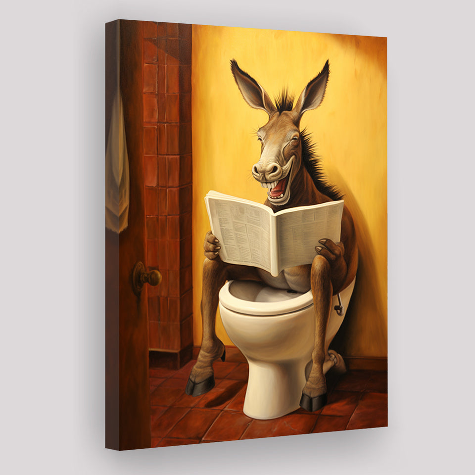 Donkey Smiling And Reading Newpaper In Toilet Funny Animal Art, Painting Art, Canvas Prints Wall Art Home Decor