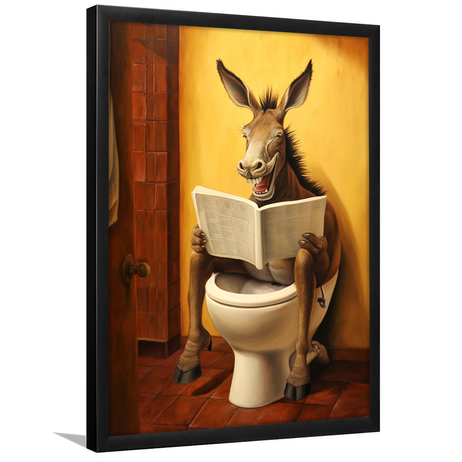 Donkey Smiling And Reading Newpaper In Toilet Funny Animal Art, Painting Art, Framed Art Prints Wall Decor