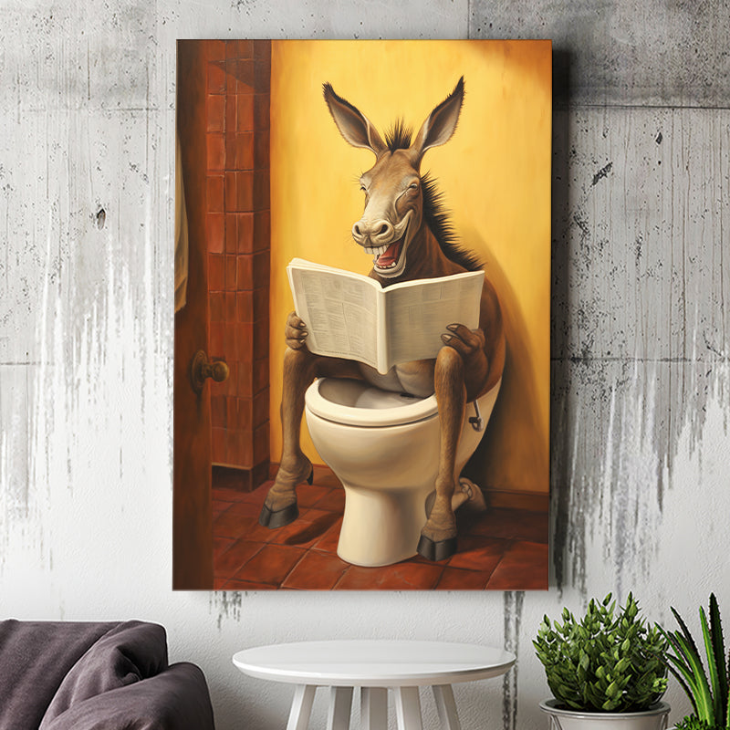 Donkey Smiling And Reading Newpaper In Toilet Funny Animal Art, Painting Art, Canvas Prints Wall Art Home Decor