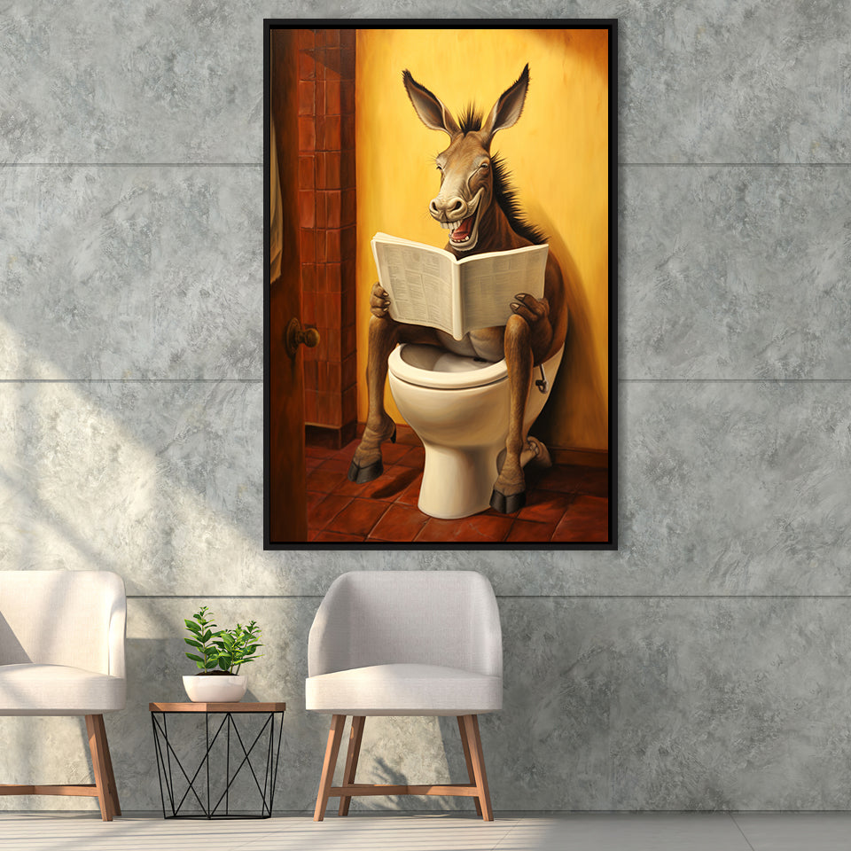 Donkey Smiling And Reading Newpaper In Toilet Funny Animal Art,Framed Canvas Prints,Floating Frame, Wall Art Home Decor