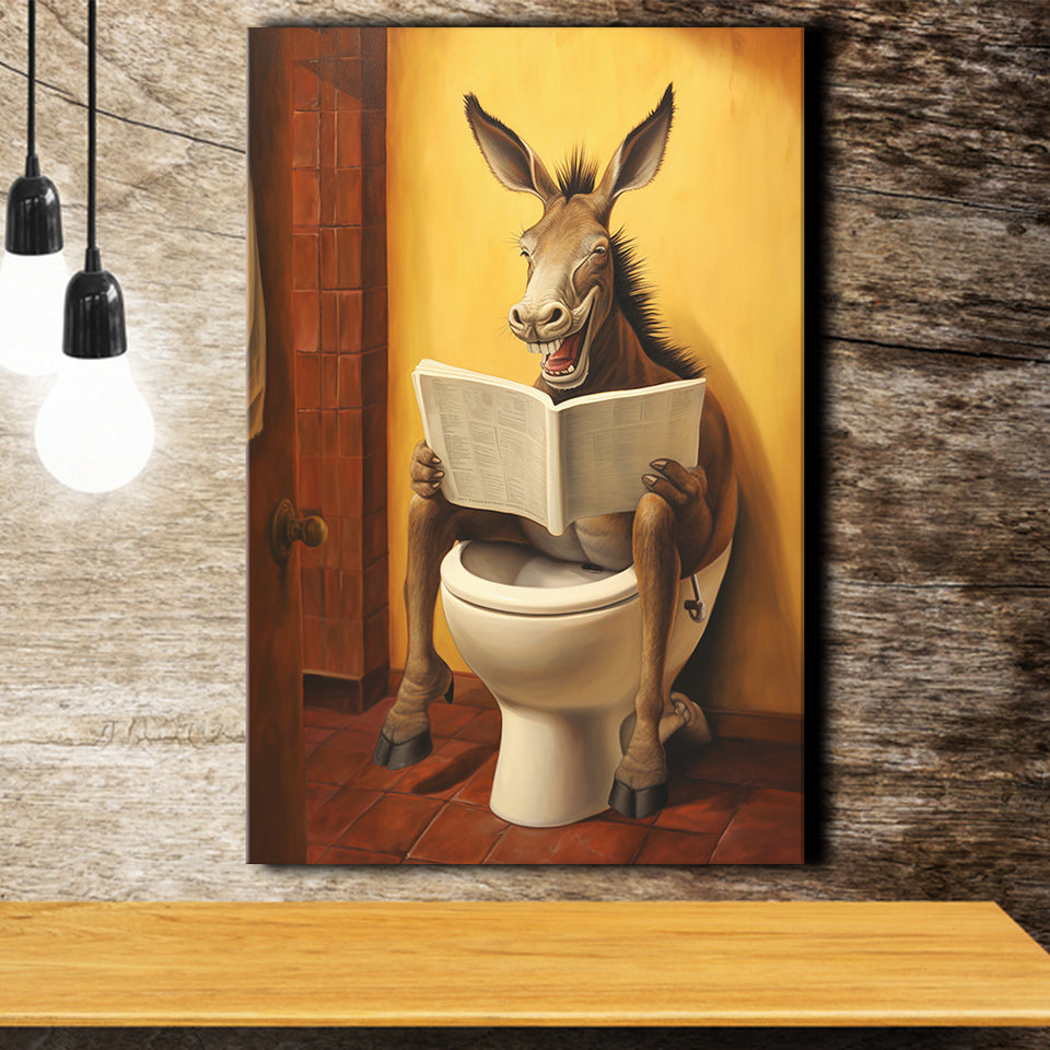 Donkey Smiling And Reading Newpaper In Toilet Funny Animal Art, Painting Art, Canvas Prints Wall Art Home Decor