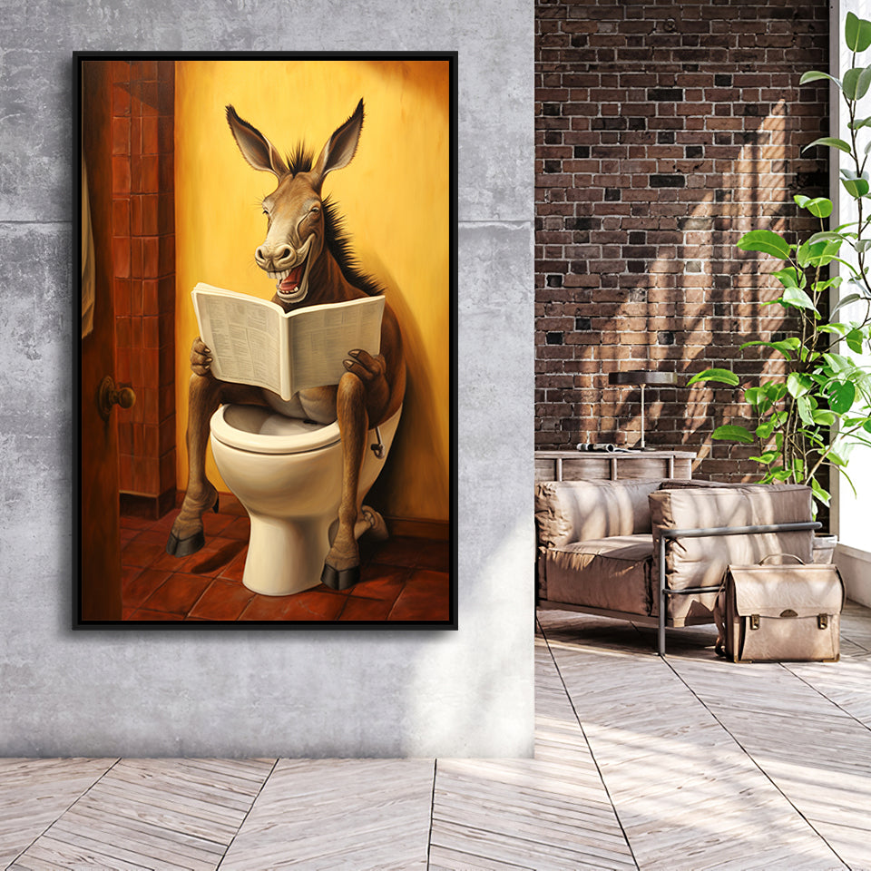 Donkey Smiling And Reading Newpaper In Toilet Funny Animal Art,Framed Canvas Prints,Floating Frame, Wall Art Home Decor