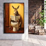 Donkey Smiling And Reading Newpaper In Toilet Funny Animal Art,Framed Canvas Prints,Floating Frame, Wall Art Home Decor