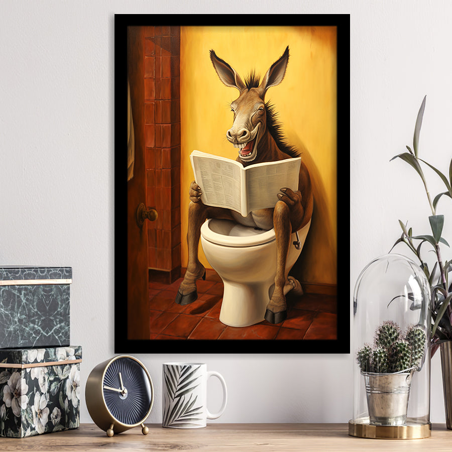 Donkey Smiling And Reading Newpaper In Toilet Funny Animal Art, Painting Art, Framed Art Prints Wall Decor