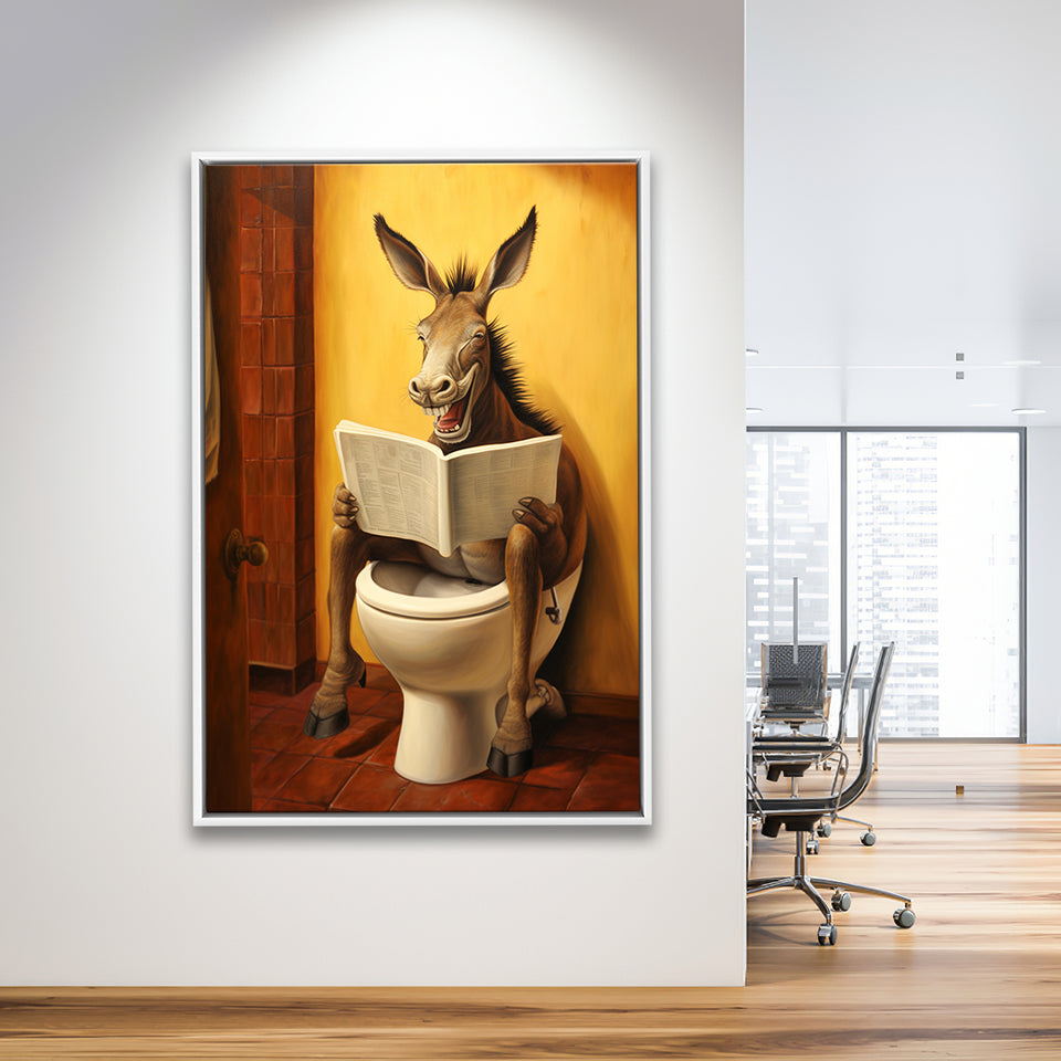 Donkey Smiling And Reading Newpaper In Toilet Funny Animal Art,Framed Canvas Prints,Floating Frame, Wall Art Home Decor