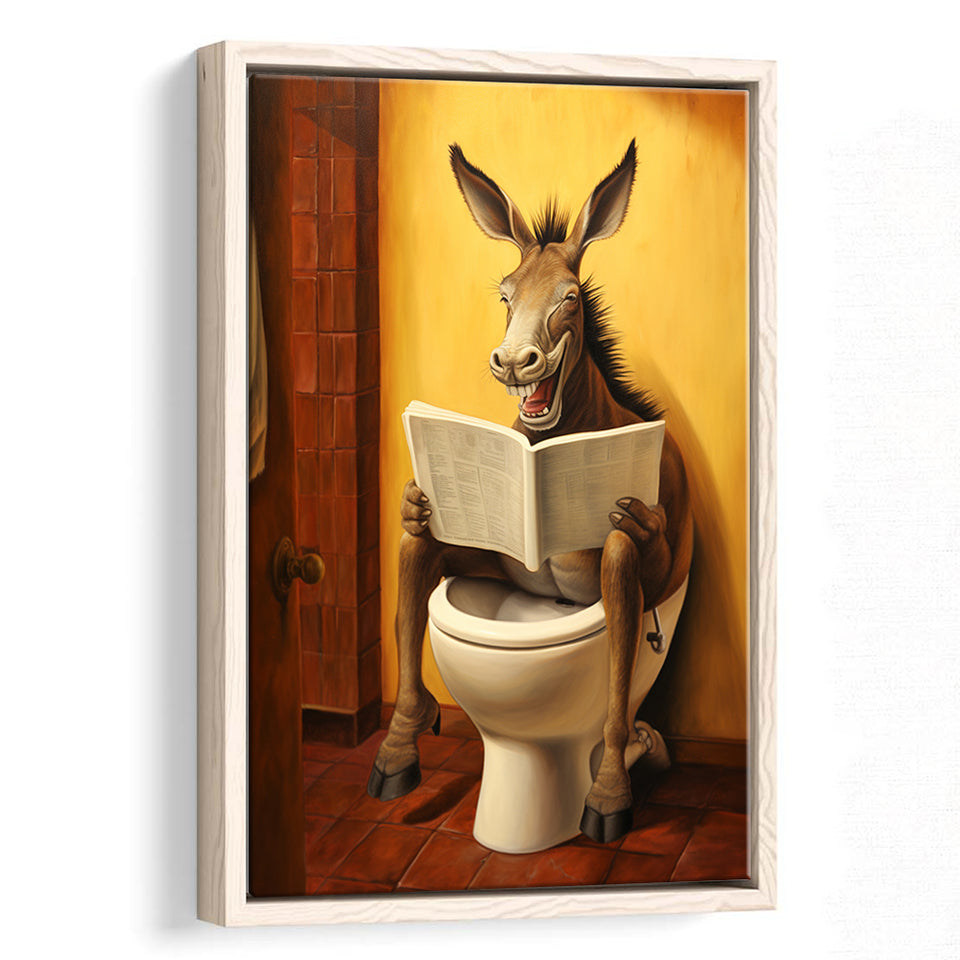 Donkey Smiling And Reading Newpaper In Toilet Funny Animal Art,Framed Canvas Prints,Floating Frame, Wall Art Home Decor