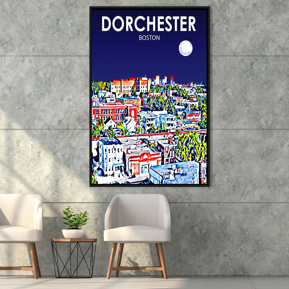 Dorchester Boston Art Night Landscape, Large Canvas, Framed Canvas Print Wall Art Home Decor, Floating Frame