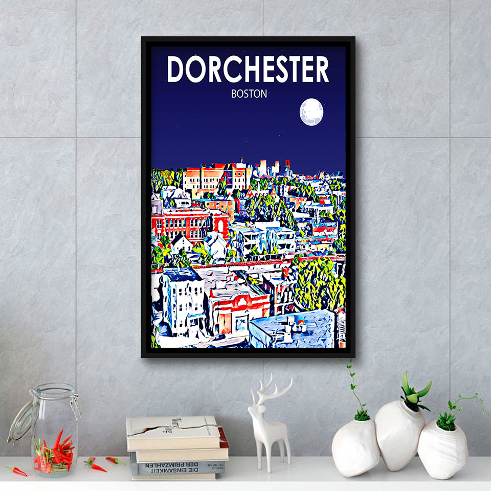 Dorchester Boston Art Night Landscape, Large Canvas, Framed Canvas Print Wall Art Home Decor, Floating Frame