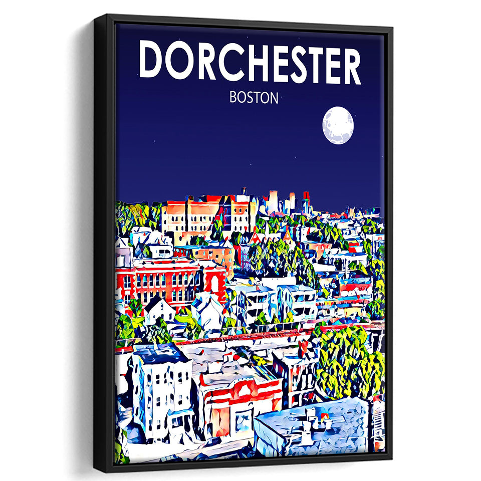Dorchester Boston Art Night Landscape, Large Canvas, Framed Canvas Print Wall Art Home Decor, Floating Frame