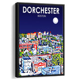 Dorchester Boston Art Night Landscape, Large Canvas, Framed Canvas Print Wall Art Home Decor, Floating Frame