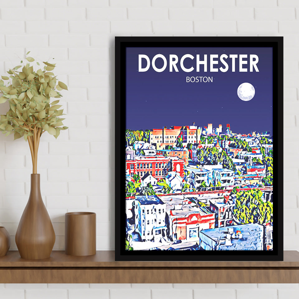 Dorchester Boston Art Night Landscape, Large Canvas, Framed Canvas Print Wall Art Home Decor, Floating Frame