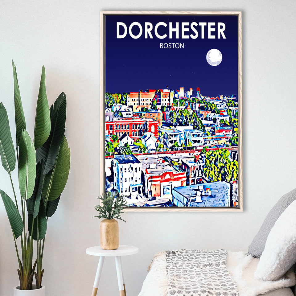 Dorchester Boston Art Night Landscape, Large Canvas, Framed Canvas Print Wall Art Home Decor, Floating Frame