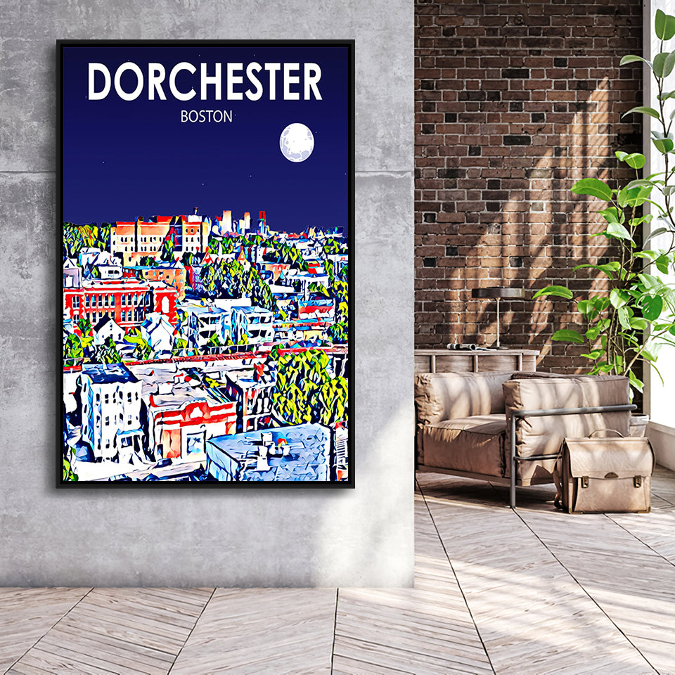 Dorchester Boston Art Night Landscape, Large Canvas, Framed Canvas Print Wall Art Home Decor, Floating Frame