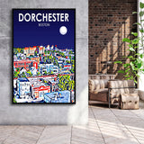 Dorchester Boston Art Night Landscape, Large Canvas, Framed Canvas Print Wall Art Home Decor, Floating Frame