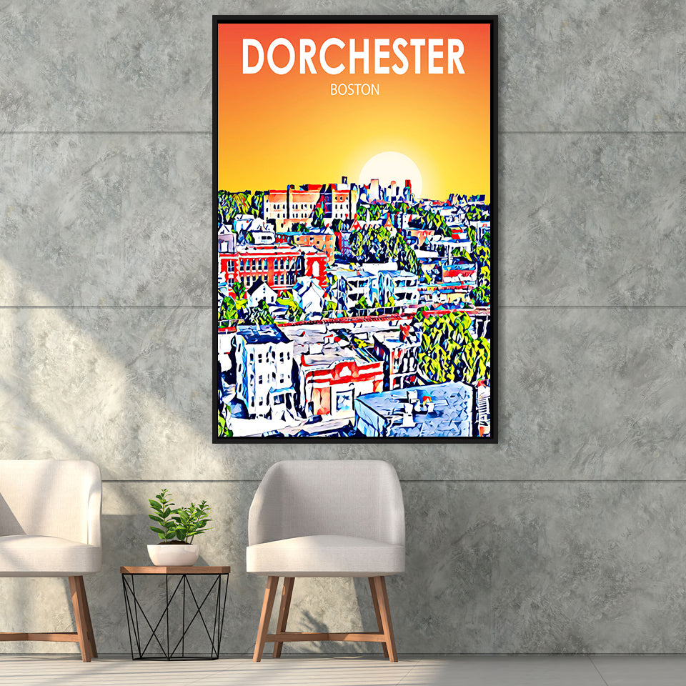Dorchester Boston Art Sunset Landscape, Large Canvas, Framed Canvas Print Wall Art Home Decor, Floating Frame
