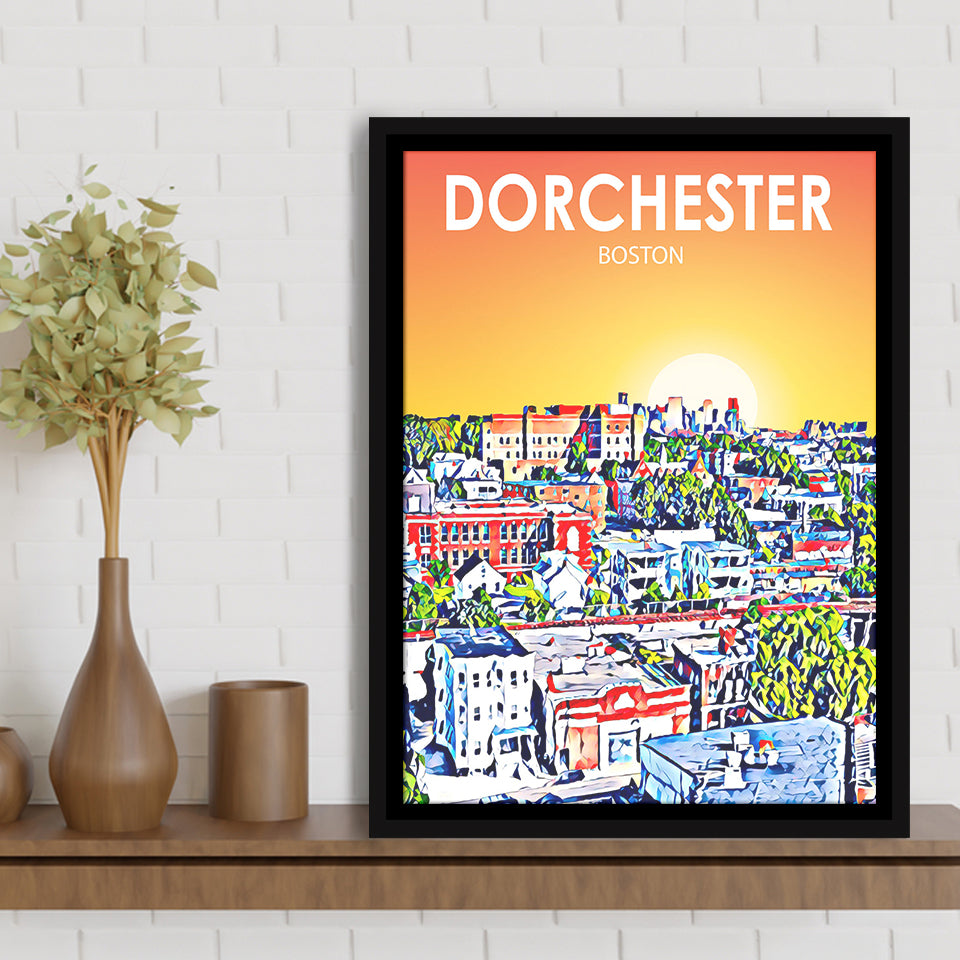 Dorchester Boston Art Sunset Landscape, Large Canvas, Framed Canvas Print Wall Art Home Decor, Floating Frame