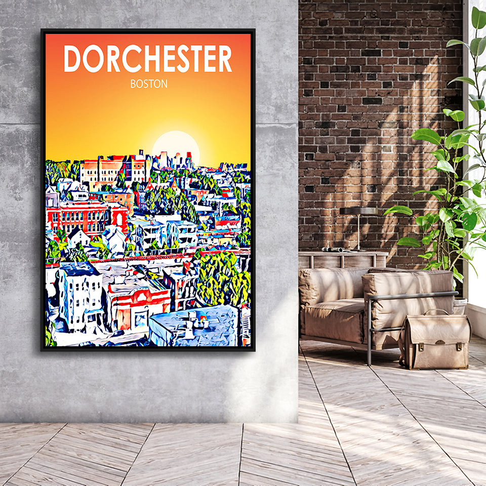 Dorchester Boston Art Sunset Landscape, Large Canvas, Framed Canvas Print Wall Art Home Decor, Floating Frame