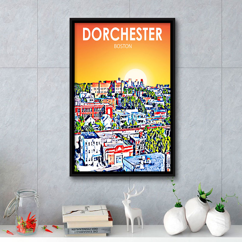 Dorchester Boston Art Sunset Landscape, Large Canvas, Framed Canvas Print Wall Art Home Decor, Floating Frame