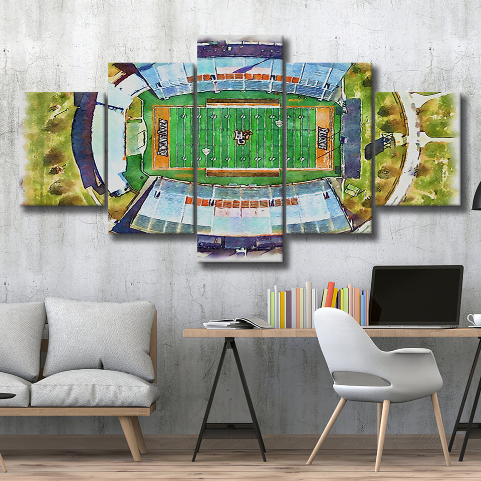 Doyt L Perry Stadium Bowling Green State Watercolor, 5 Pieces, Multi Panel Canvas Prints Wall Art Decor