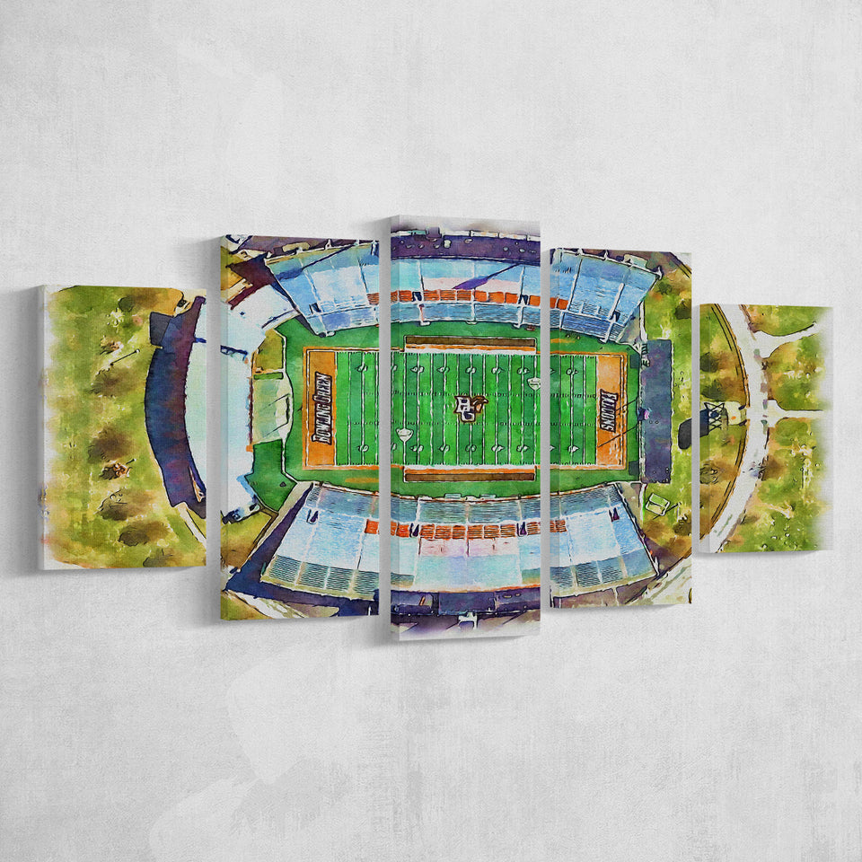 Doyt L Perry Stadium Bowling Green State Watercolor, 5 Pieces, Multi Panel Canvas Prints Wall Art Decor