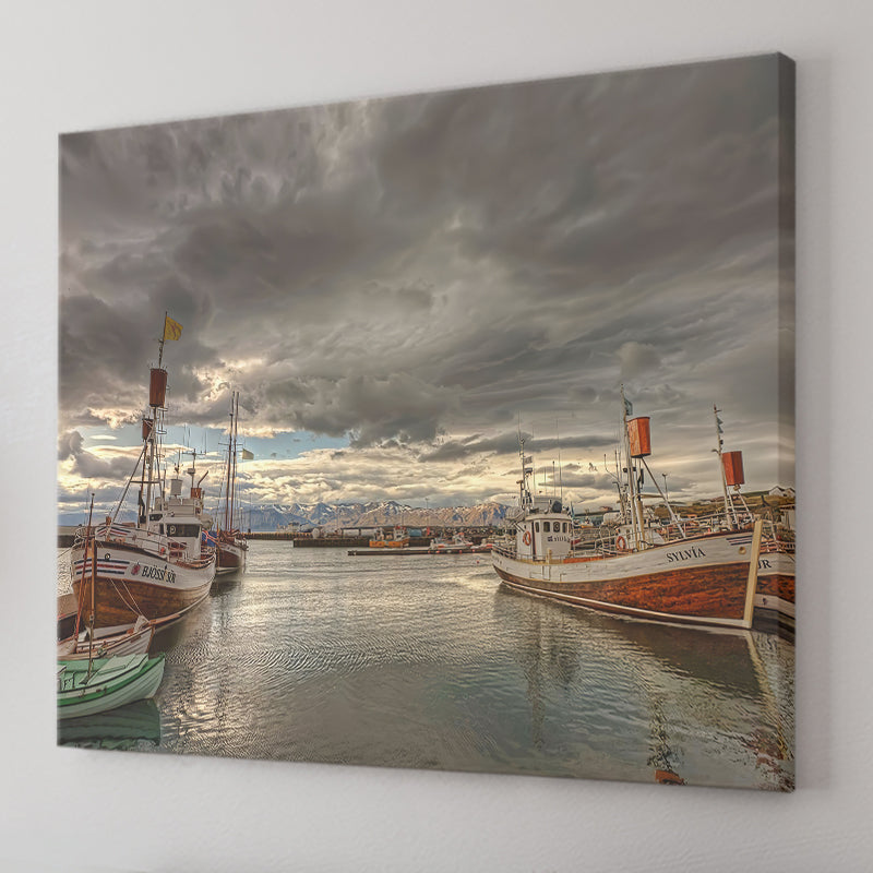 Dramatic Clouds Over Husavik Harbour Northern Iceland Canvas Wall Art - Canvas Prints, Prints For Sale, Painting Canvas