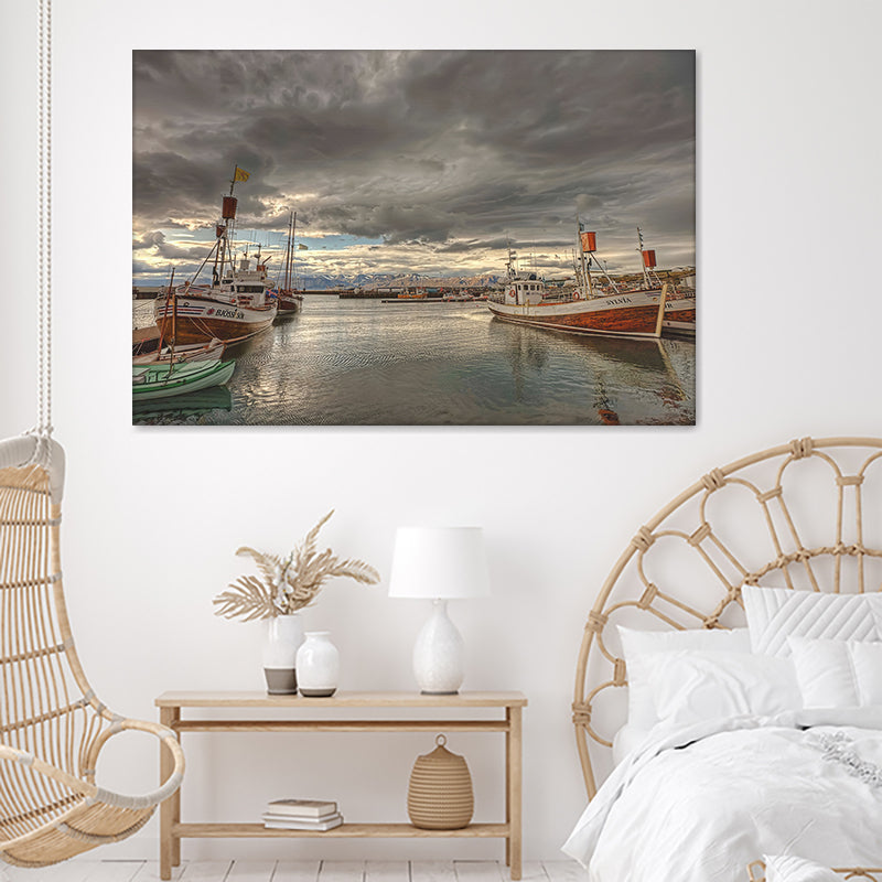 Dramatic Clouds Over Husavik Harbour Northern Iceland Canvas Wall Art - Canvas Prints, Prints For Sale, Painting Canvas