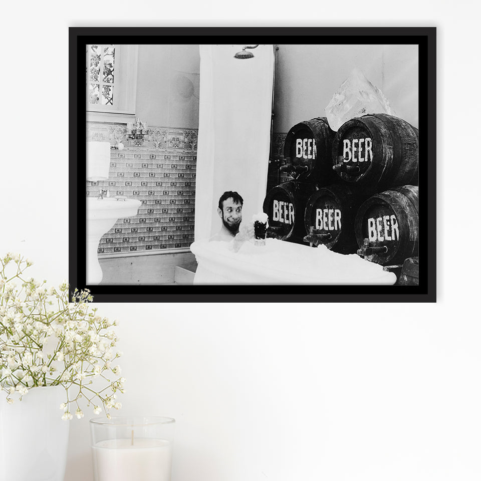 Drinking Beer In The Bathtub Black And White Print, Keg Beer Bath Framed Canvas Prints Wall Art Home Decor,Floating Frame
