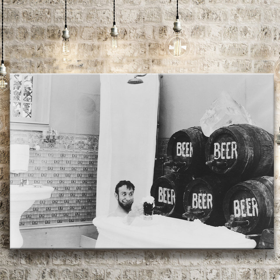 Drinking Beer In The Bathtub Black And White Print, Keg Beer Bath Canvas Prints Wall Art Home Decor