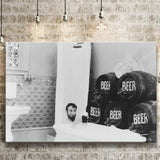 Drinking Beer In The Bathtub Black And White Print, Keg Beer Bath Canvas Prints Wall Art Home Decor