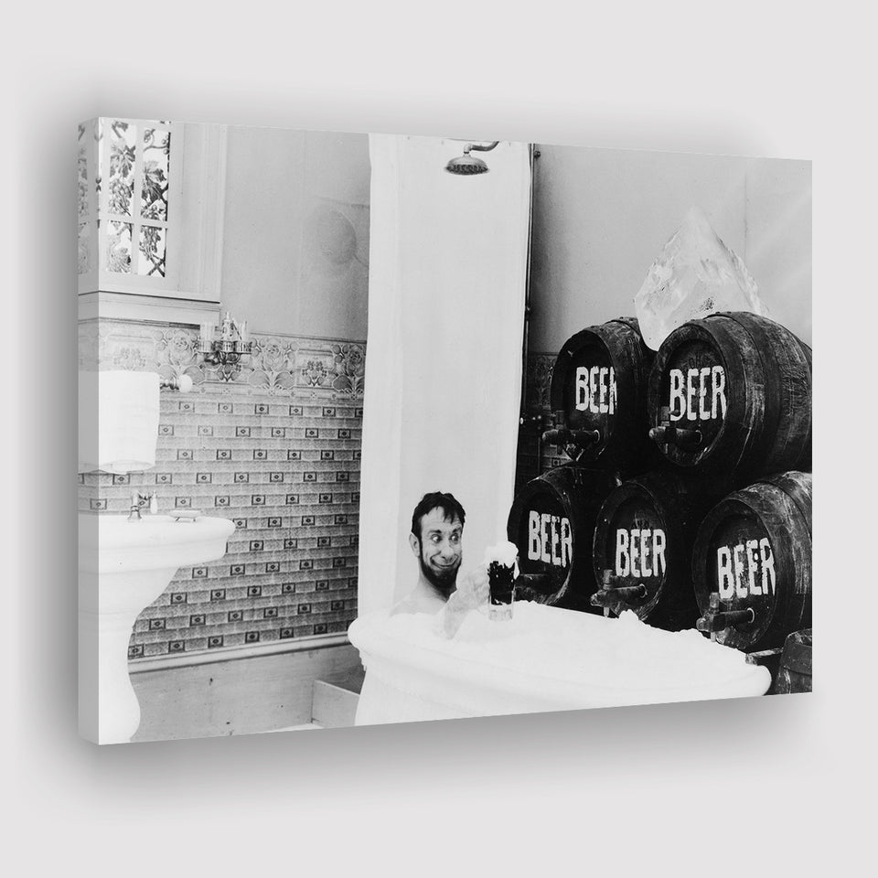 Drinking Beer In The Bathtub Black And White Print, Keg Beer Bath Canvas Prints Wall Art Home Decor