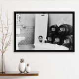 Drinking Beer In The Bathtub Black And White Print, Keg Beer Bath Framed Canvas Prints Wall Art Home Decor,Floating Frame
