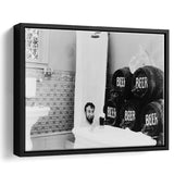 Drinking Beer In The Bathtub Black And White Print, Keg Beer Bath Framed Canvas Prints Wall Art Home Decor,Floating Frame