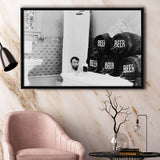 Drinking Beer In The Bathtub Black And White Print, Keg Beer Bath Framed Canvas Prints Wall Art Home Decor,Floating Frame