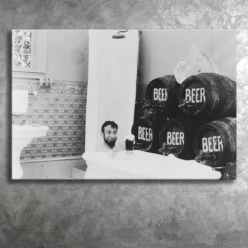 Drinking Beer In The Bathtub Black And White Print, Keg Beer Bath Canvas Prints Wall Art Home Decor