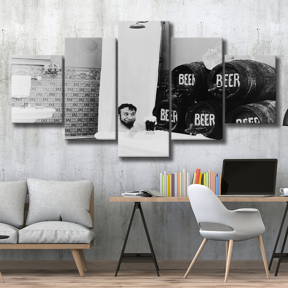 Drinking Beer In The Bathtub Black And White Print, Keg Beer Bath 5 Panels, Canvas Prints Wall Art Decor, Large Canvas Art