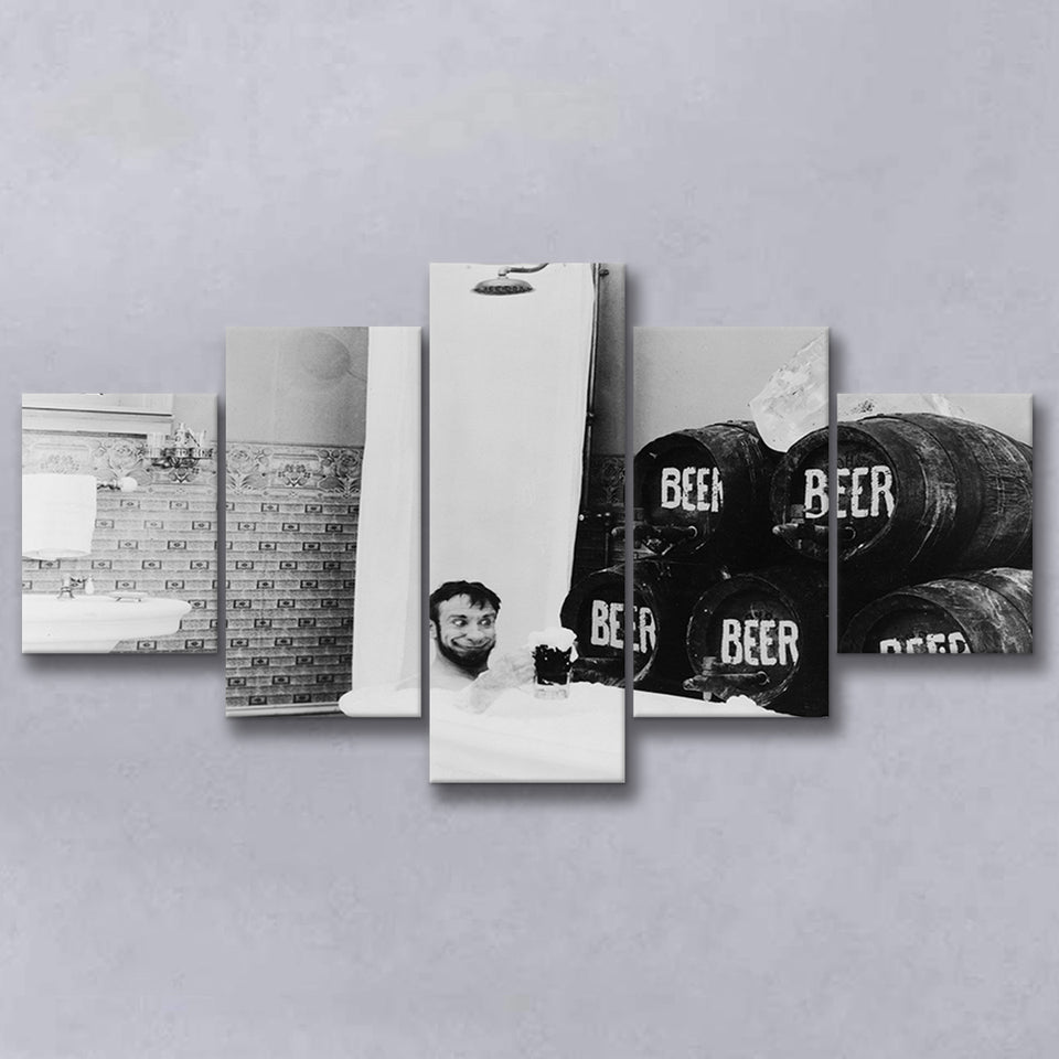 Drinking Beer In The Bathtub Black And White Print, Keg Beer Bath 5 Panels, Canvas Prints Wall Art Decor, Large Canvas Art