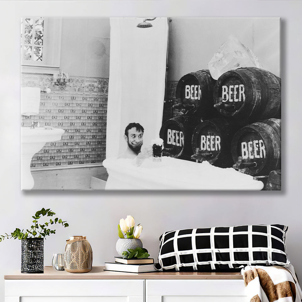 Drinking Beer In The Bathtub Black And White Print, Keg Beer Bath Canvas Prints Wall Art Home Decor