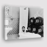 Drinking Beer In The Bathtub Black And White Print, Keg Beer Bath Canvas Prints Wall Art Home Decor