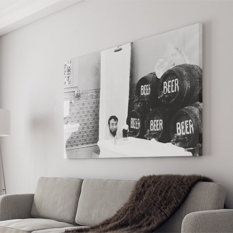 Drinking Beer In The Bathtub Black And White Print, Keg Beer Bath Canvas Prints Wall Art Home Decor