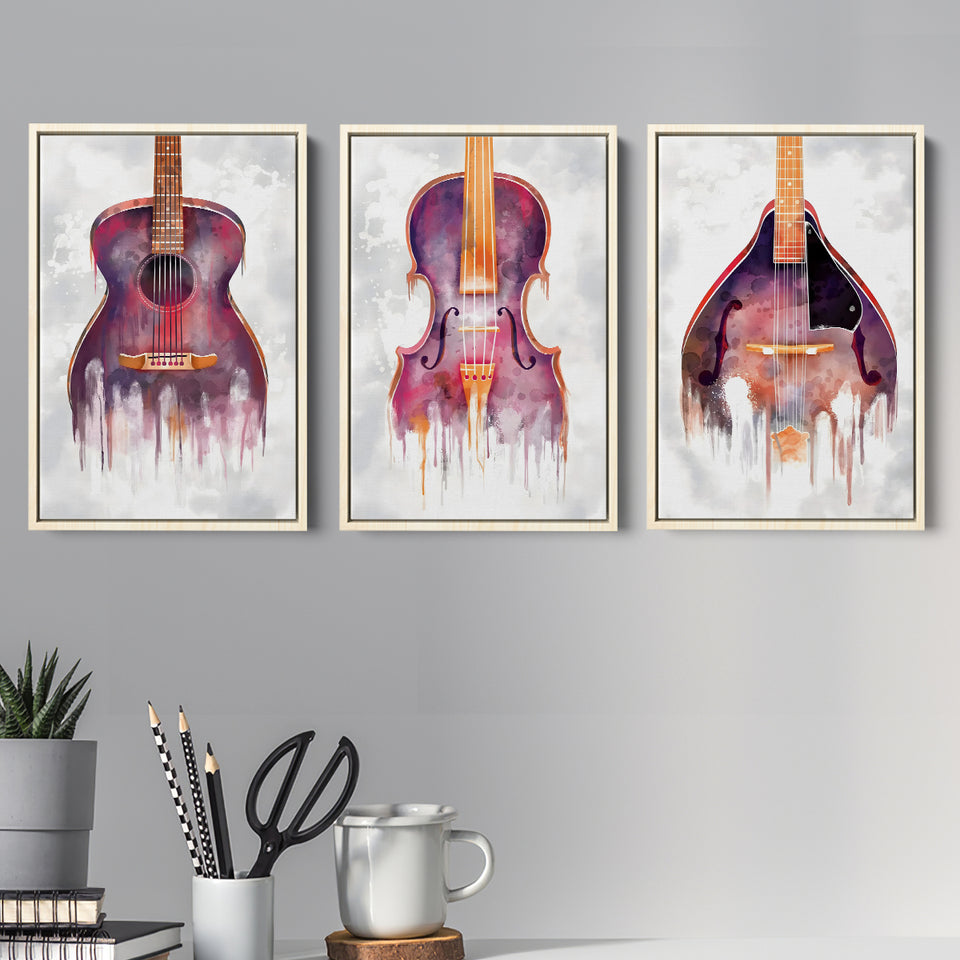 Drip Orchestra Watercolor Set of 3 Piece Framed Canvas Prints Wall Art Decor