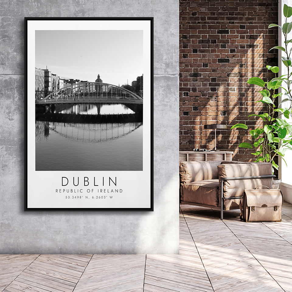 Dublin, Republic Of Ireland Black And White Art Framed Canvas Prints Wall Art Home Decor, Floating Frame
