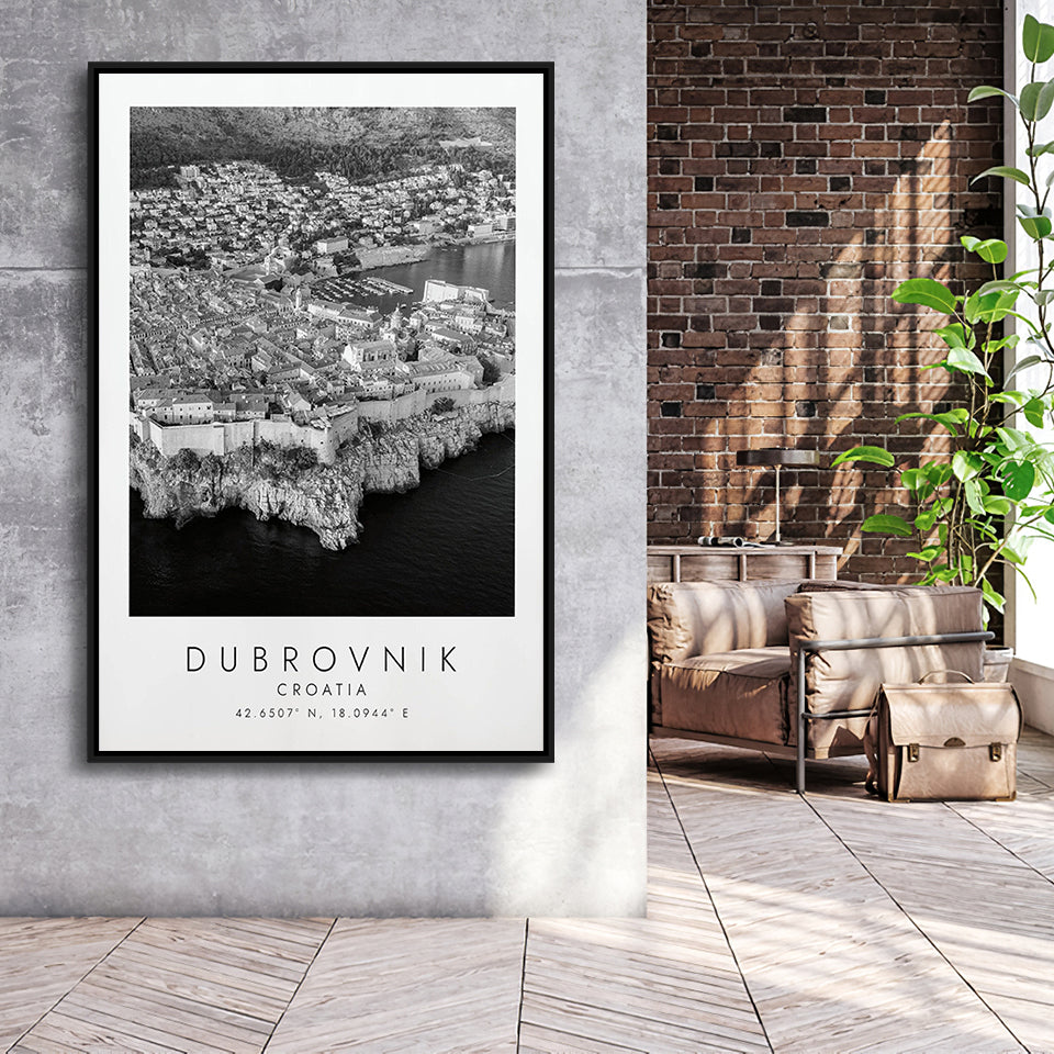 Dubrovnik Croatia Black And White Art Framed Canvas Prints Wall Art Home Decor, Floating Frame