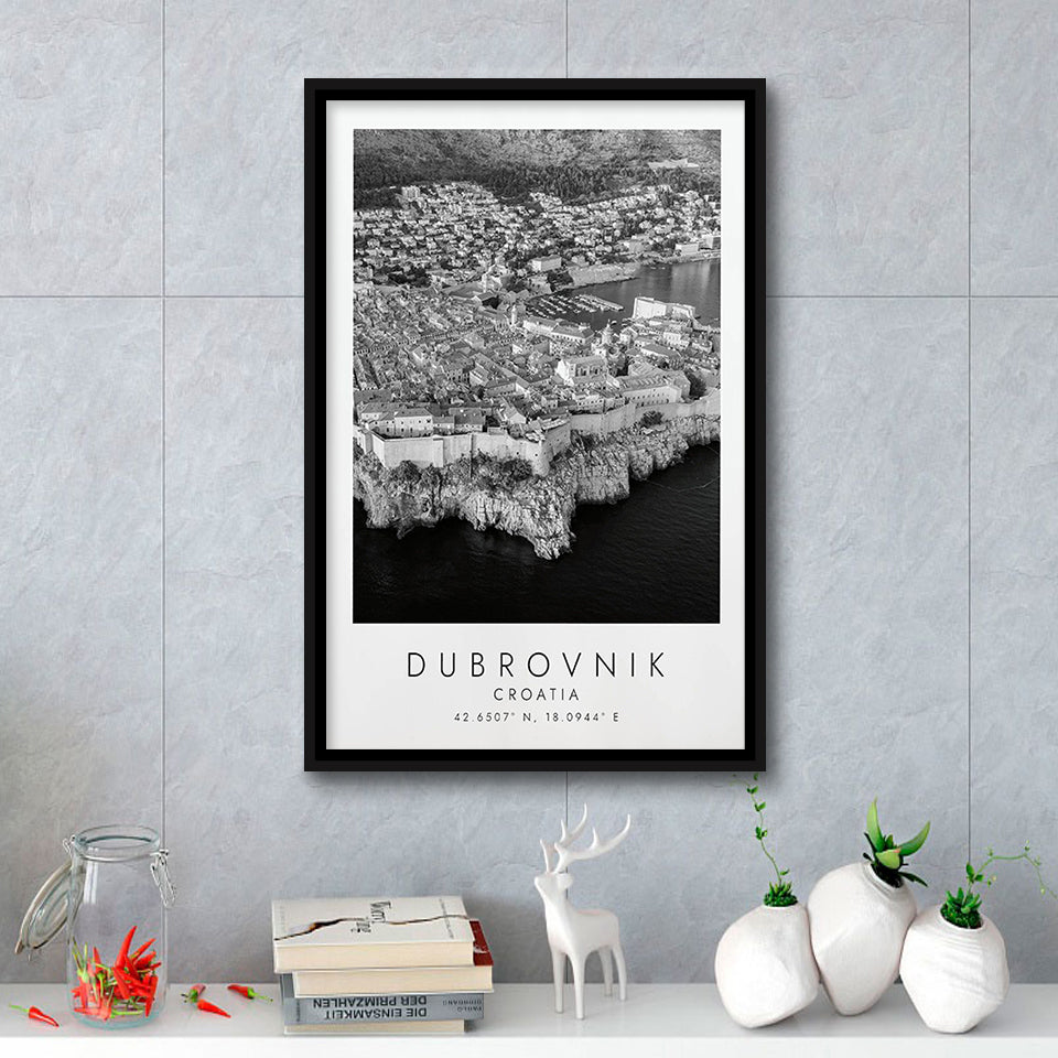 Dubrovnik Croatia Black And White Art Framed Canvas Prints Wall Art Home Decor, Floating Frame