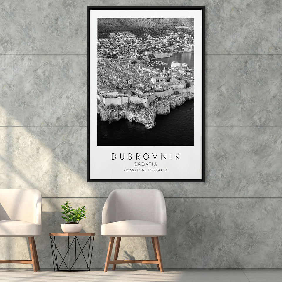 Dubrovnik Croatia Black And White Art Framed Canvas Prints Wall Art Home Decor, Floating Frame
