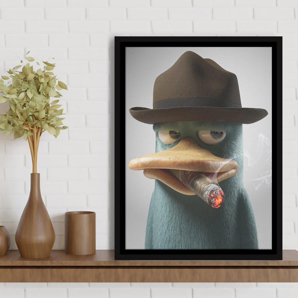 Duck With Hat Smooking Cigar Framed Canvas Prints Wall Art Home Decor, Floating Frame
