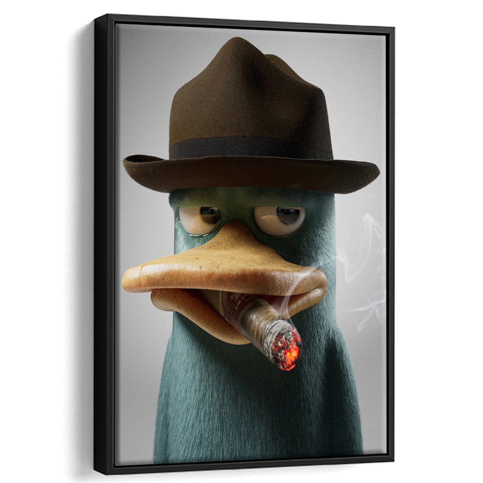Duck With Hat Smooking Cigar Framed Canvas Prints Wall Art Home Decor, Floating Frame