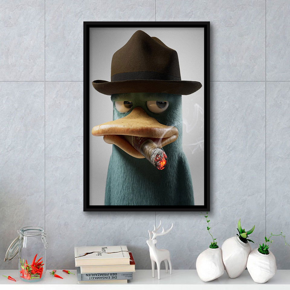 Duck With Hat Smooking Cigar Framed Canvas Prints Wall Art Home Decor, Floating Frame