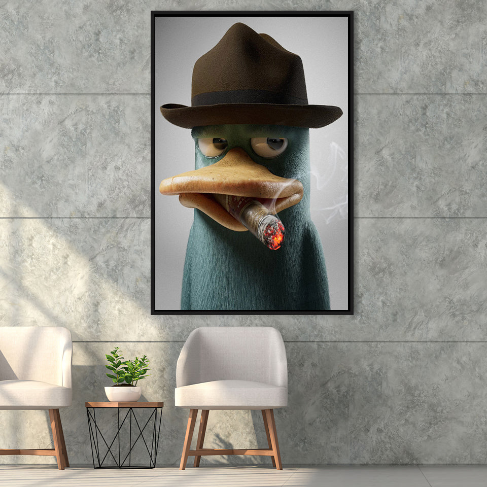 Duck With Hat Smooking Cigar Framed Canvas Prints Wall Art Home Decor, Floating Frame