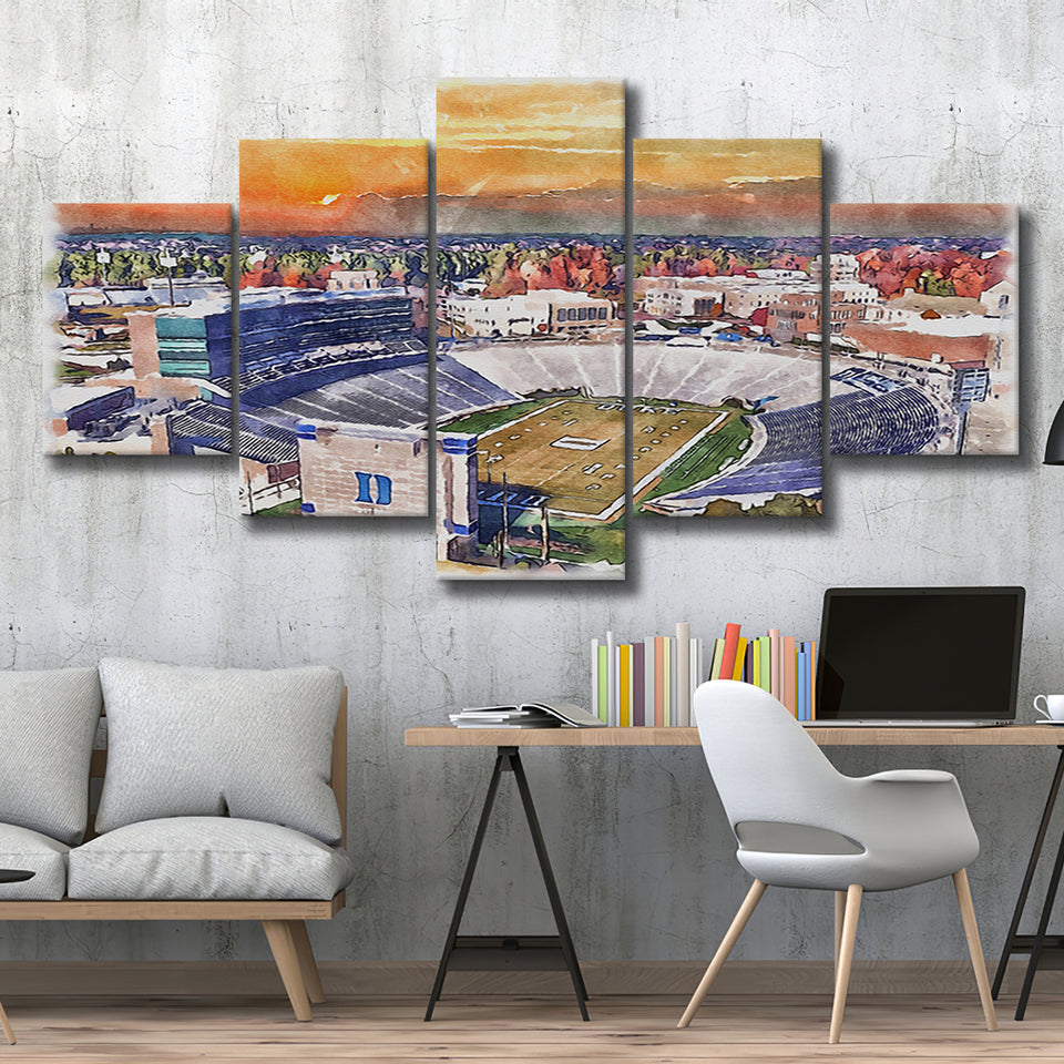 Duke Blue Devils Wallace Wade Stadium Watercolor, 5 Pieces, Multi Panel Canvas Prints Wall Art Decor